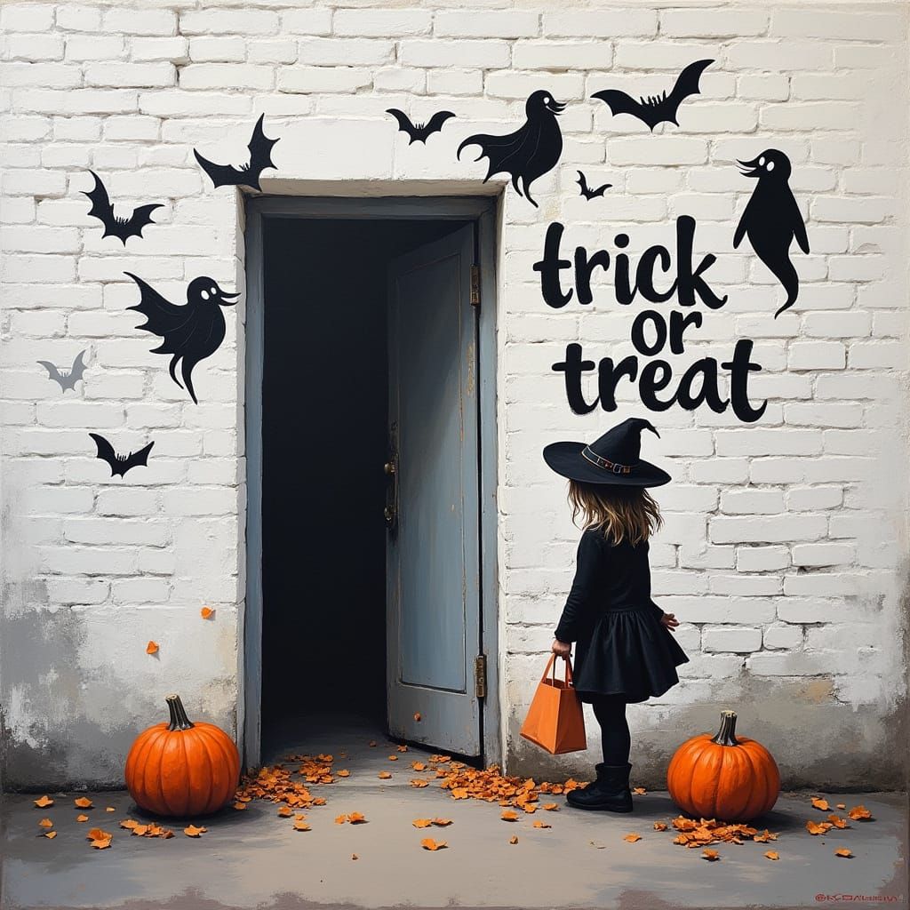 Halloween Street Art: Girl Trick-or-Treating by Open Door