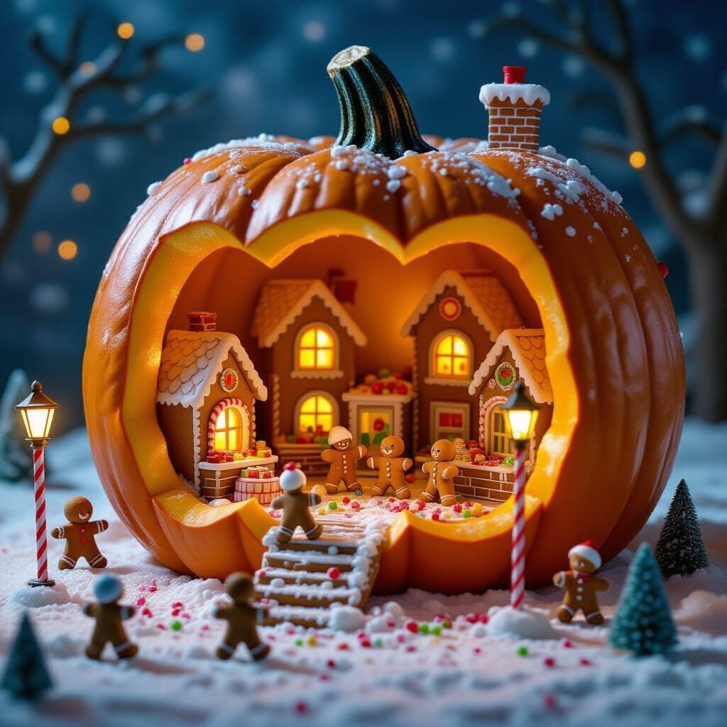 Miniature Gingerbread City Inside a Pumpkin