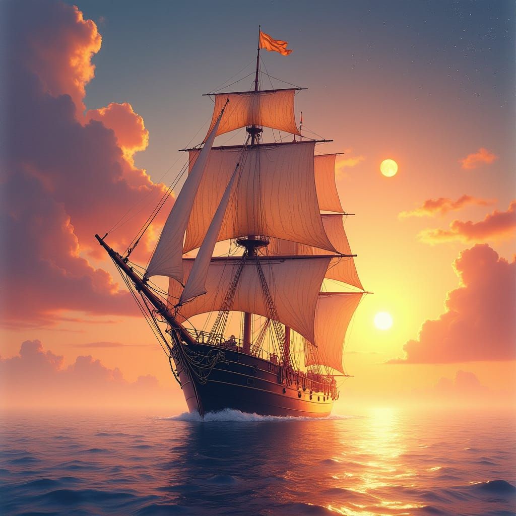 Majestic Sailing Ship at Sunset: Watercolor Masterpiece