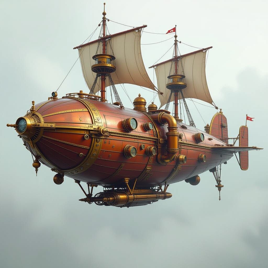 Steampunk Airship Soaring Through Misty Sky
