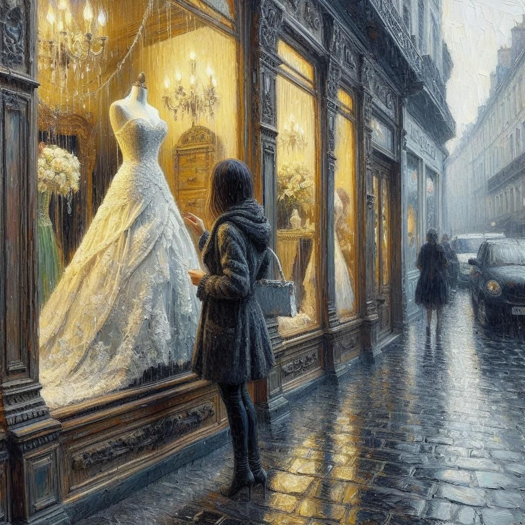 Woman Gazing at Wedding Dress in OIl Painting Style