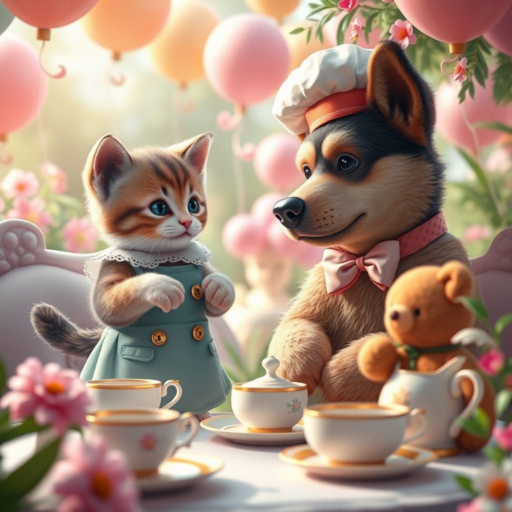 Whimsical Tea Party with Kitten Waiter and Dog Chef