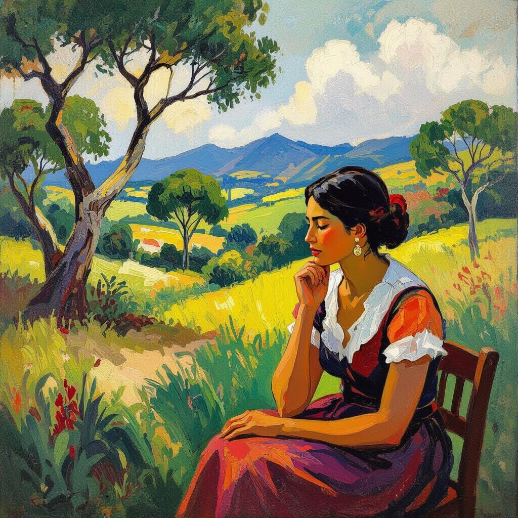 Woman Contemplates Sermon in Gauguin-esque Landscape