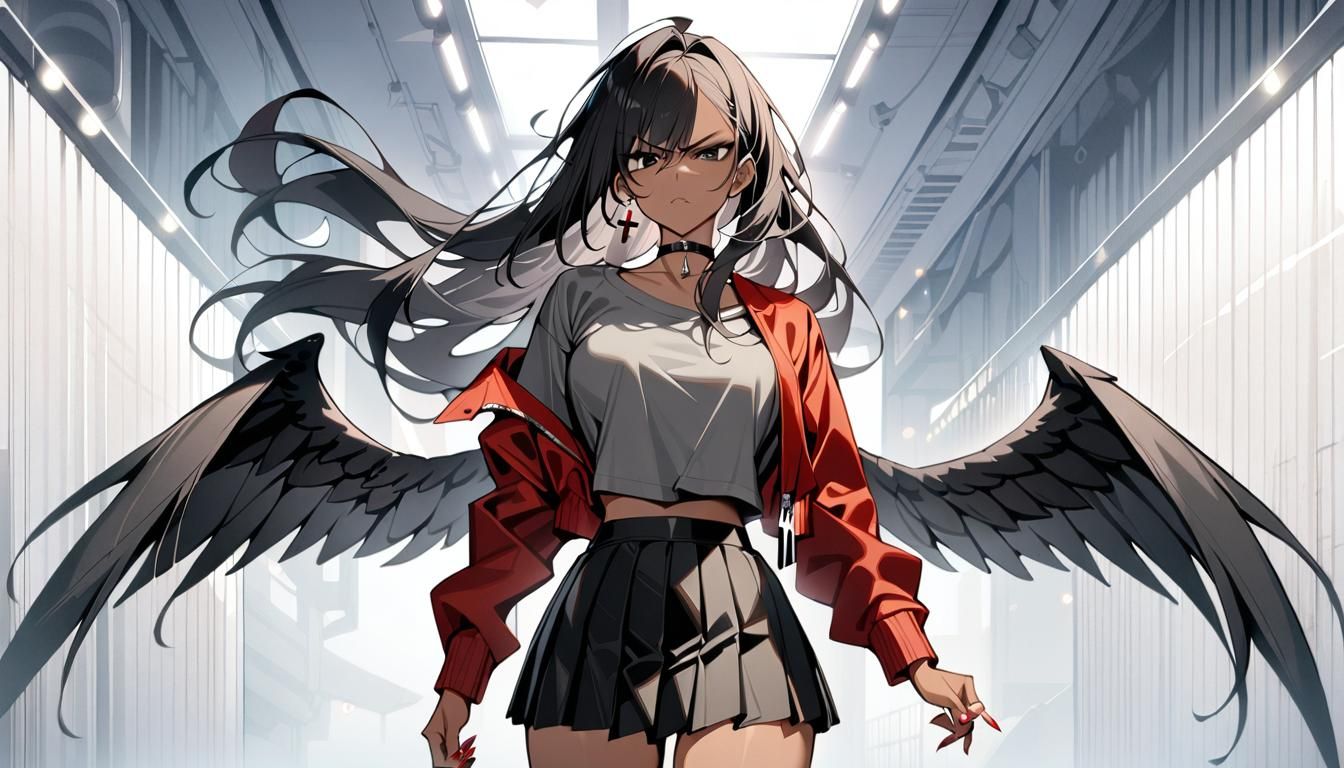 Anime Girl with Wings and Red Jacket