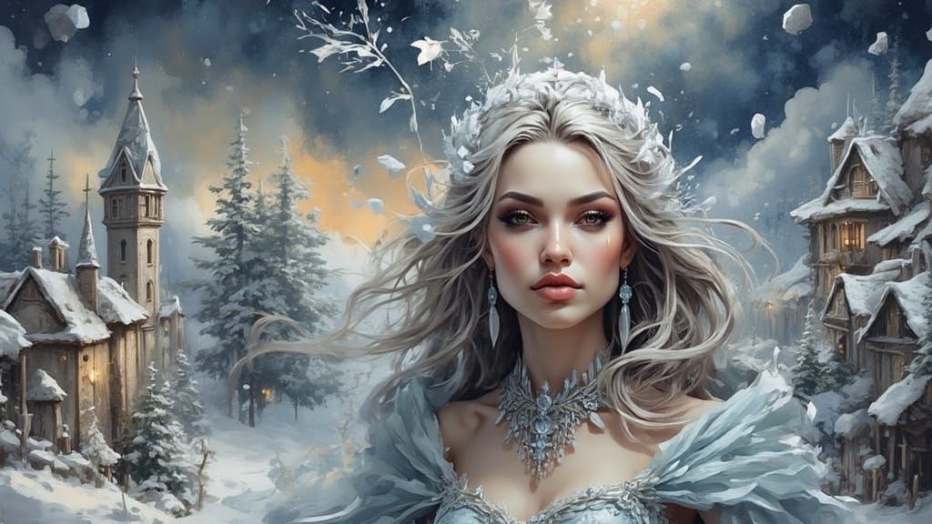 Snow Queen Blows Winter Storm, Surreal Digital Art