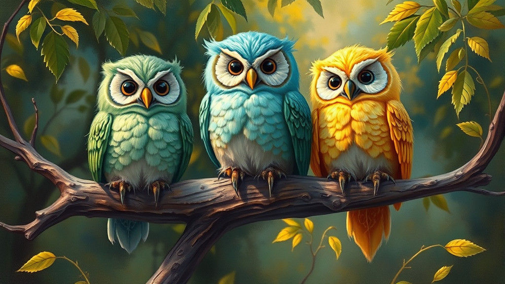 Colorful Plush Owls on Branch as Dreamlike Oil Painting
