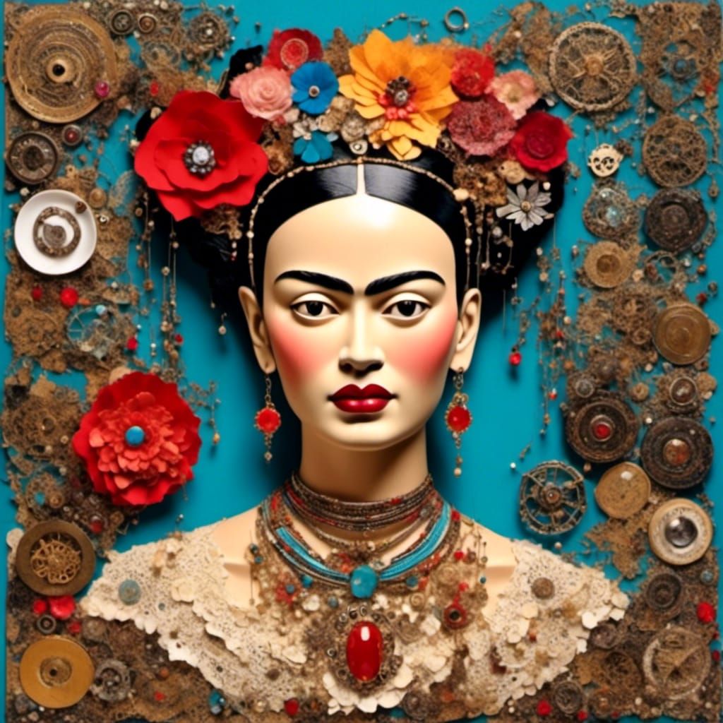 Frida Kahlo Mixed Media Collage with Vintage Elements