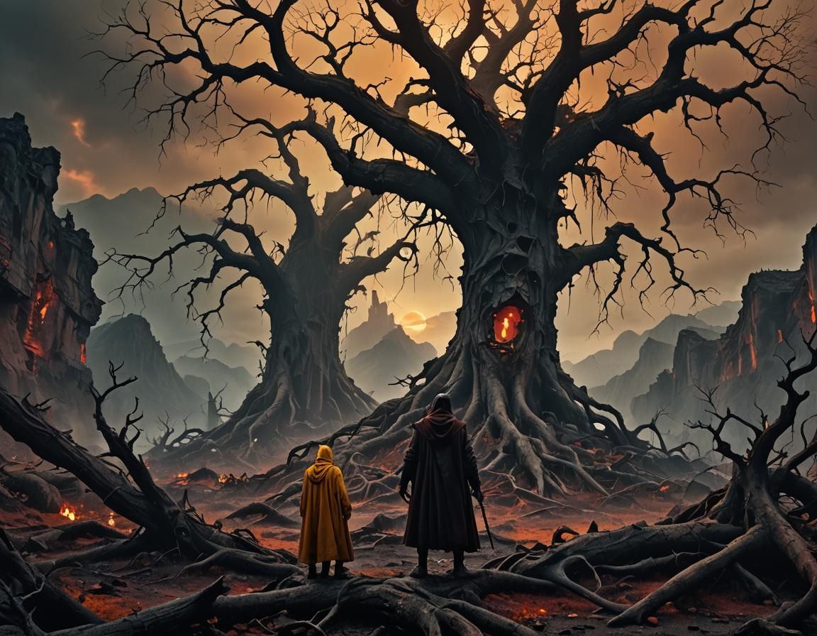 Demonic Pact in Ruined Landscape, Dark Fantasy Art