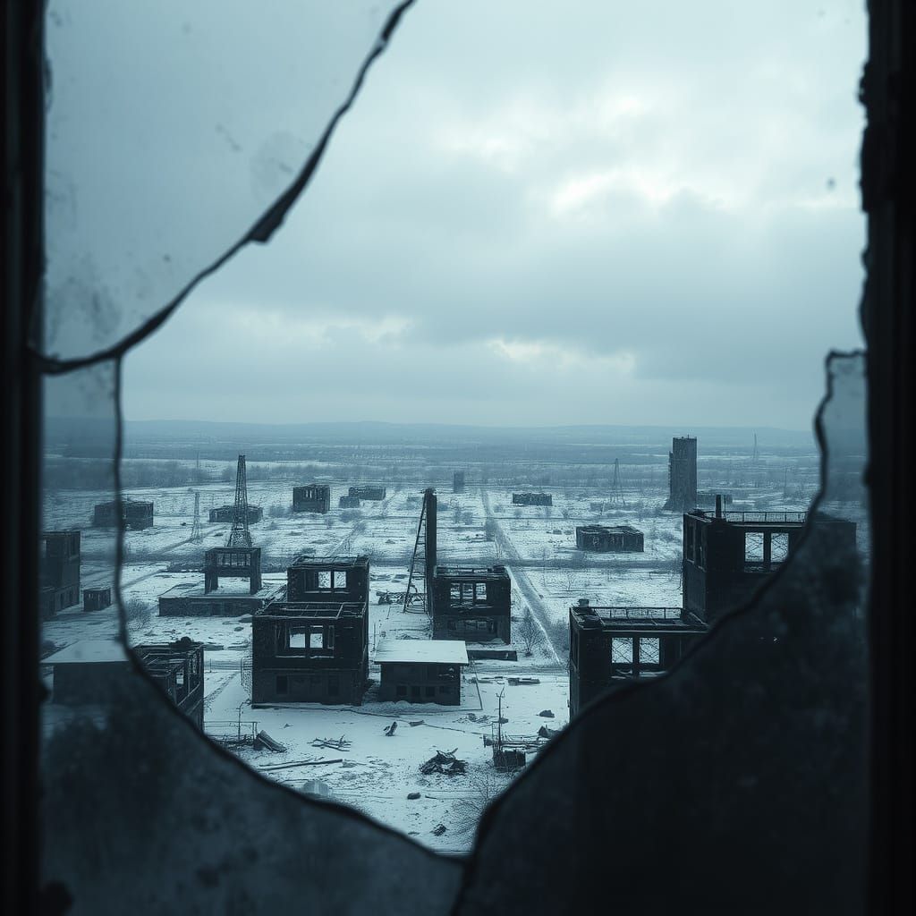 Tragic Post-Apocalyptic Landscape Through a Cracked Window