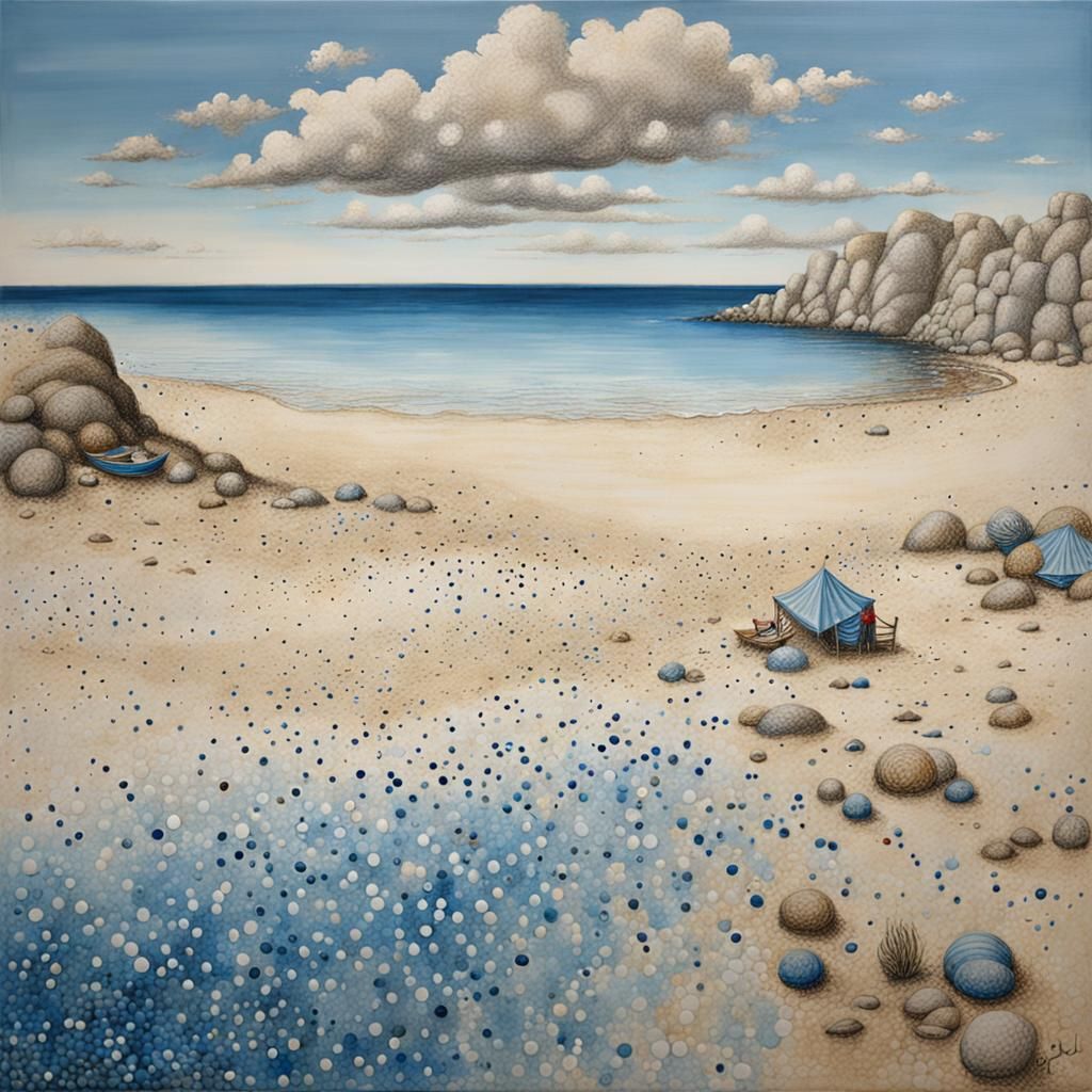 Pointillist Beach Scene in Beige and Blue