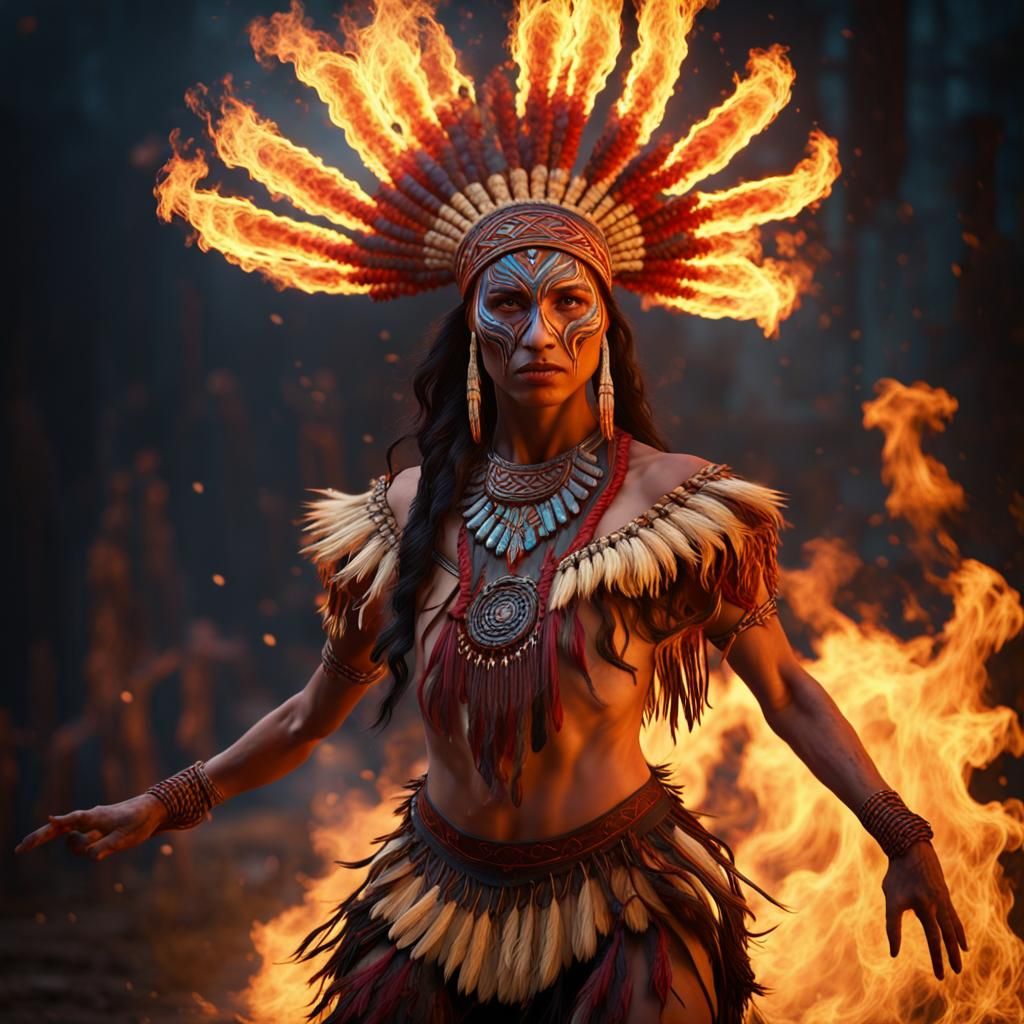 Fiery Native American Dancer in Digital Painting Style
