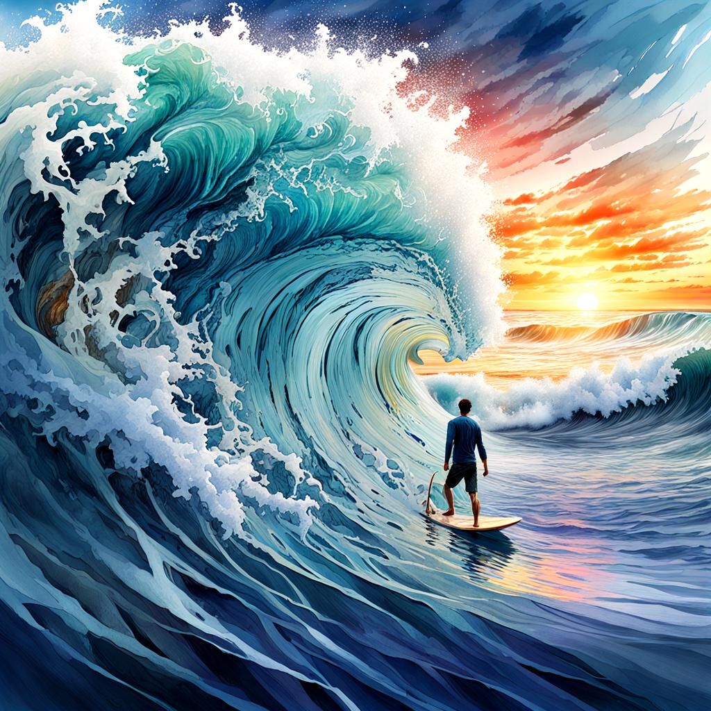 Enormous Surf Waves at Sunset: Watercolor Illustration