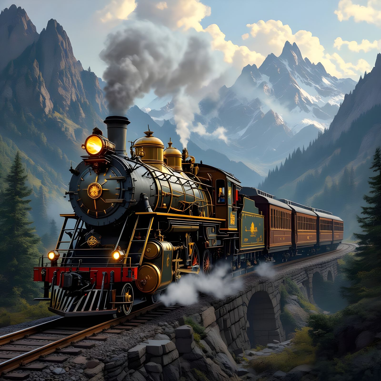 Steampunk Train Navigates Mountainous Terrain as Matte Paint...
