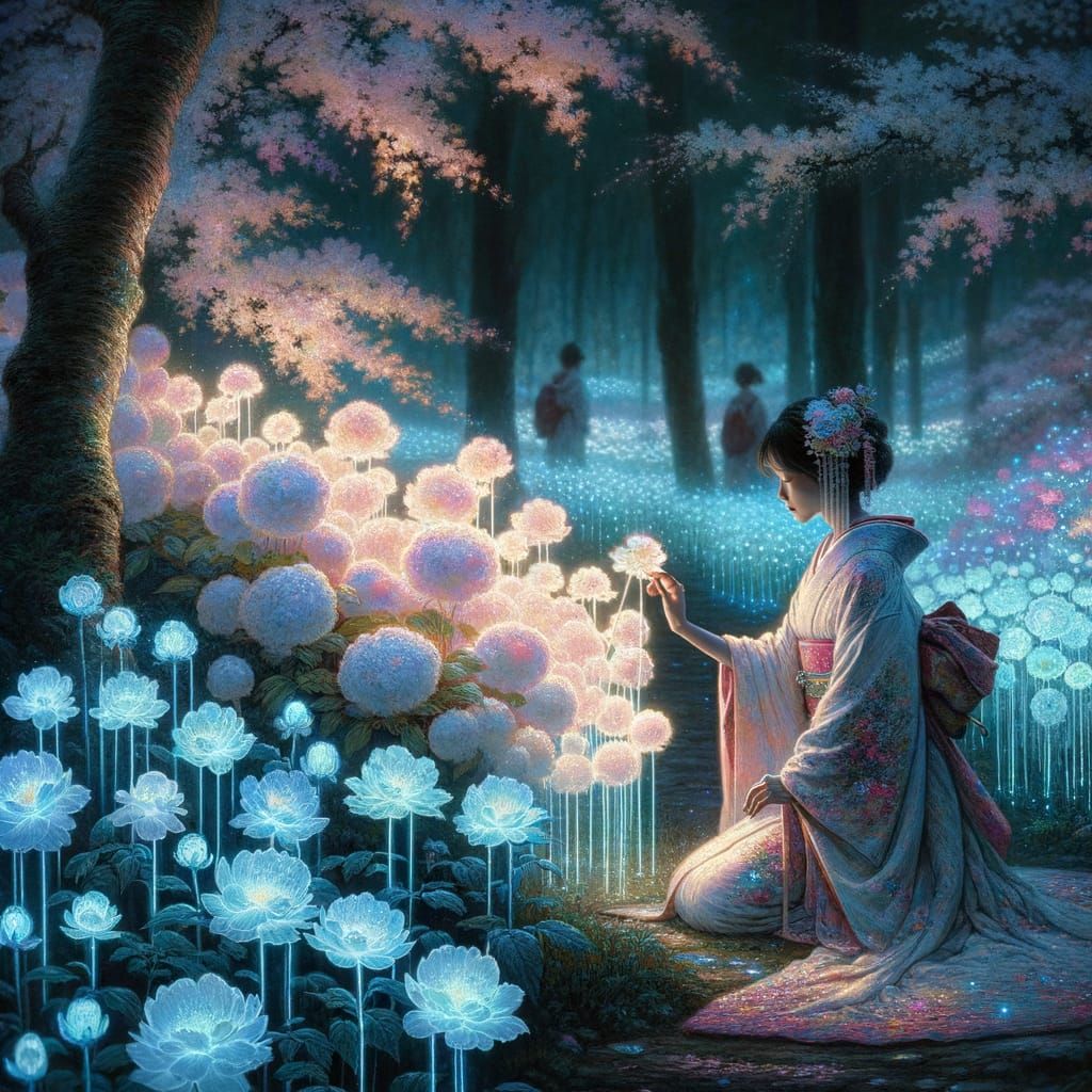 Dreamlike Watercolor Garden Scene with Bioluminescent Blooms