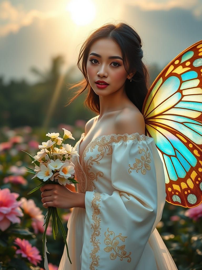 Southeast Asian Goddess of Flowers in Dreamy Moonlit Garden