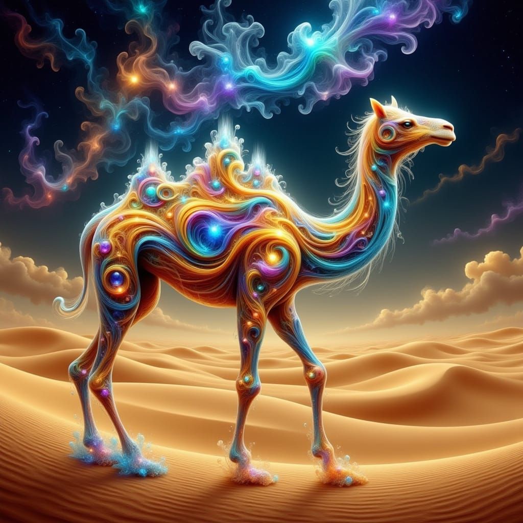 Ethereal Camel in Dreamlike Desert Landscape