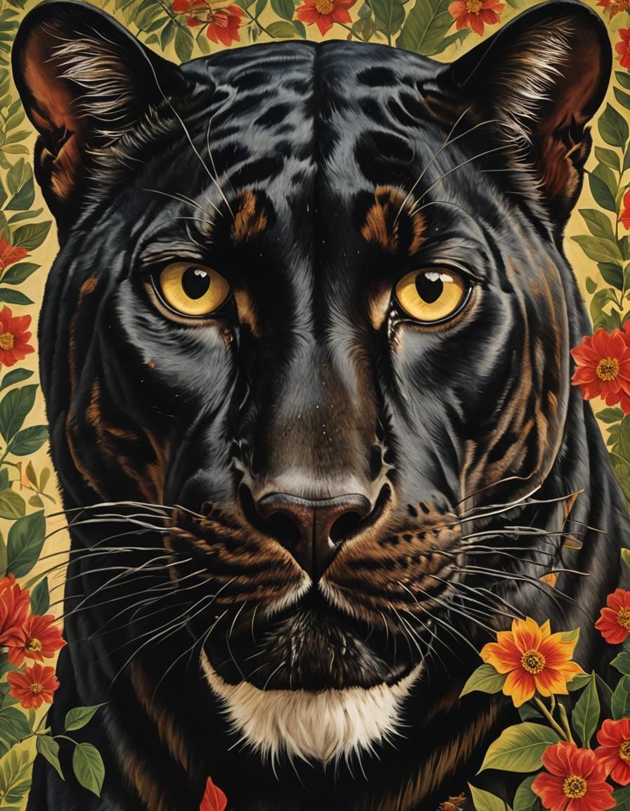 Panther in Intense Detail, in the Style of Frida Kahlo's Exp...