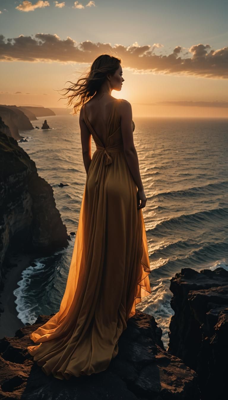 Silhouette of Woman at Sunset Seascape