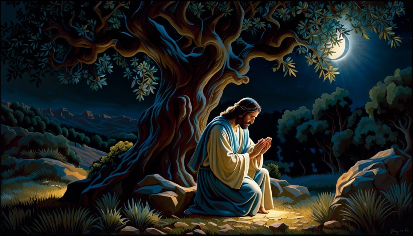 "Jesus in the moonlight, Kneeling in prayer under an Old Olive Tree In The Garden of Gethsemane" - 1628