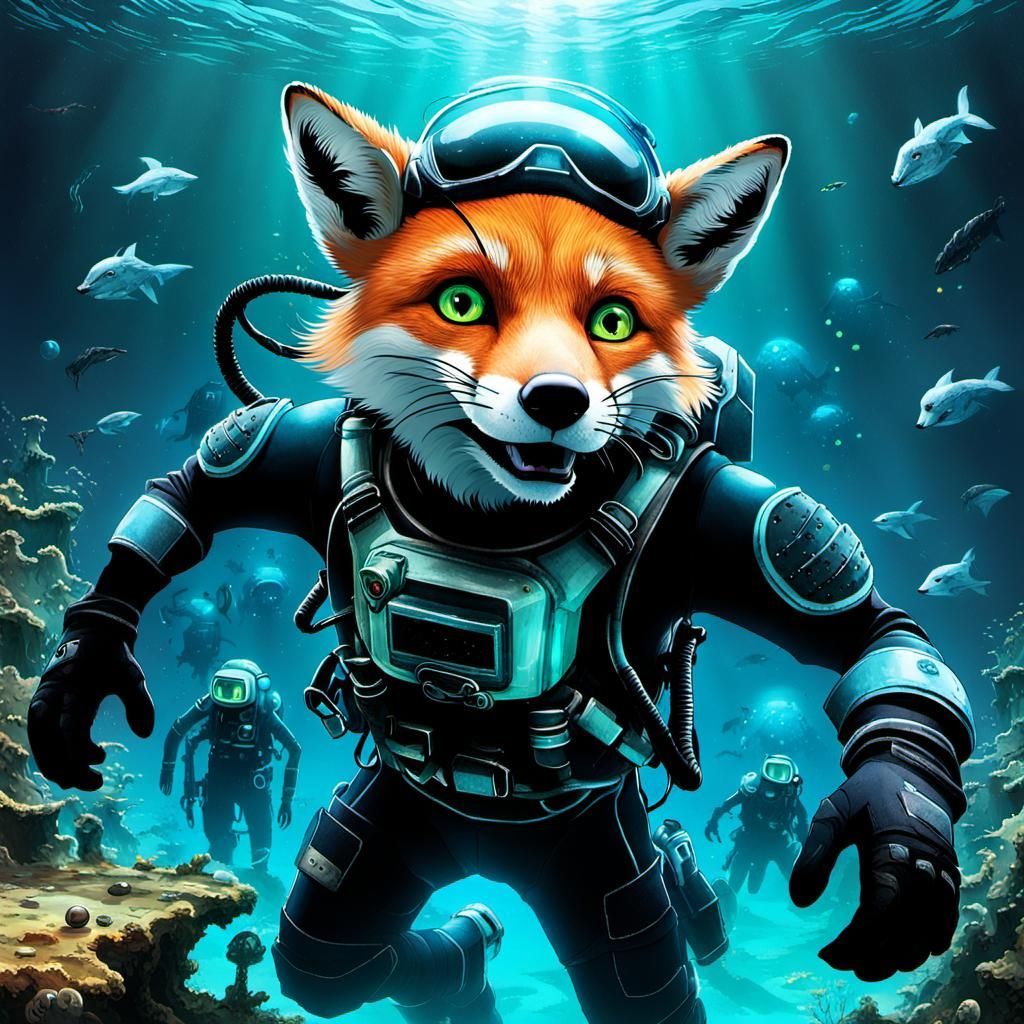Fox Exploring Shipwreck with Bioluminescent Creatures
