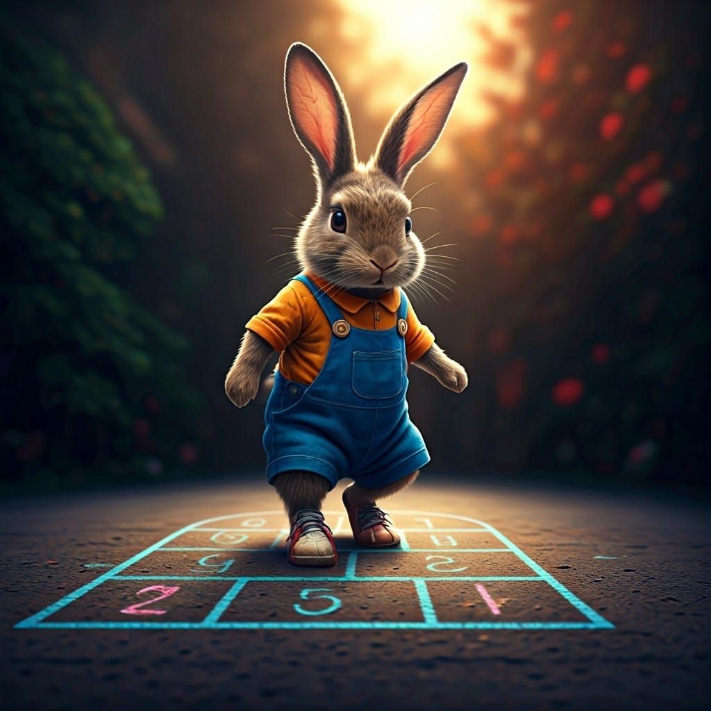 Hyperrealistic Bunny Plays Hopscotch on Summer Evening