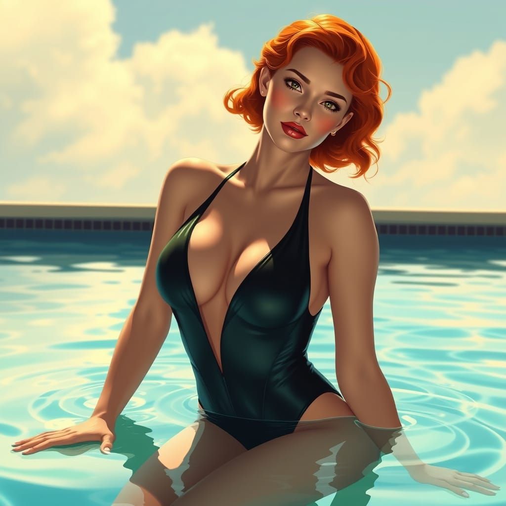 Redhead Woman Poses in Pool with Art Nouveau & Futuristic St...