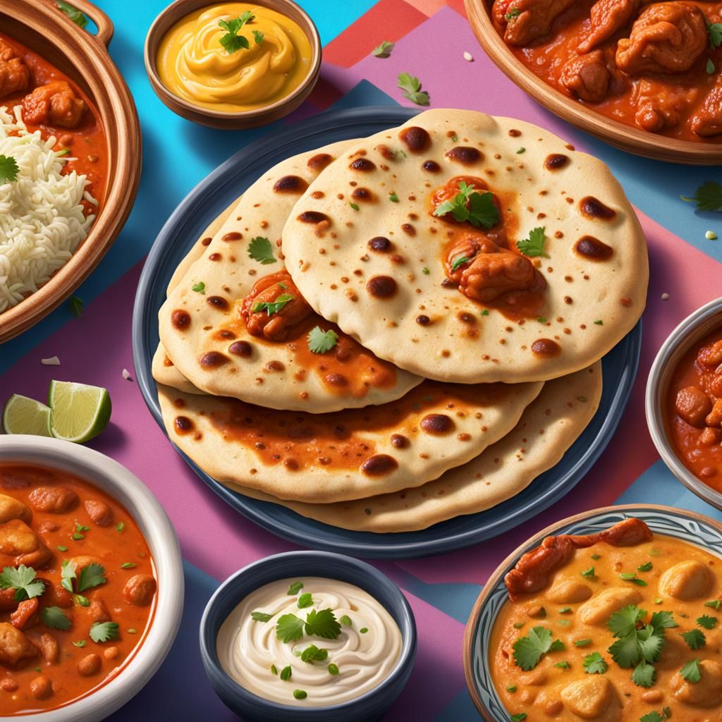 Hyperrealistic Naan and Butter Chicken Splash Art