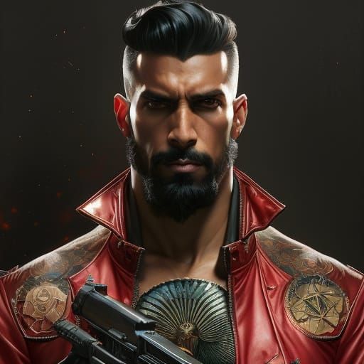 Tattooed Man in Red Coat, Hyperdetailed Digital Art