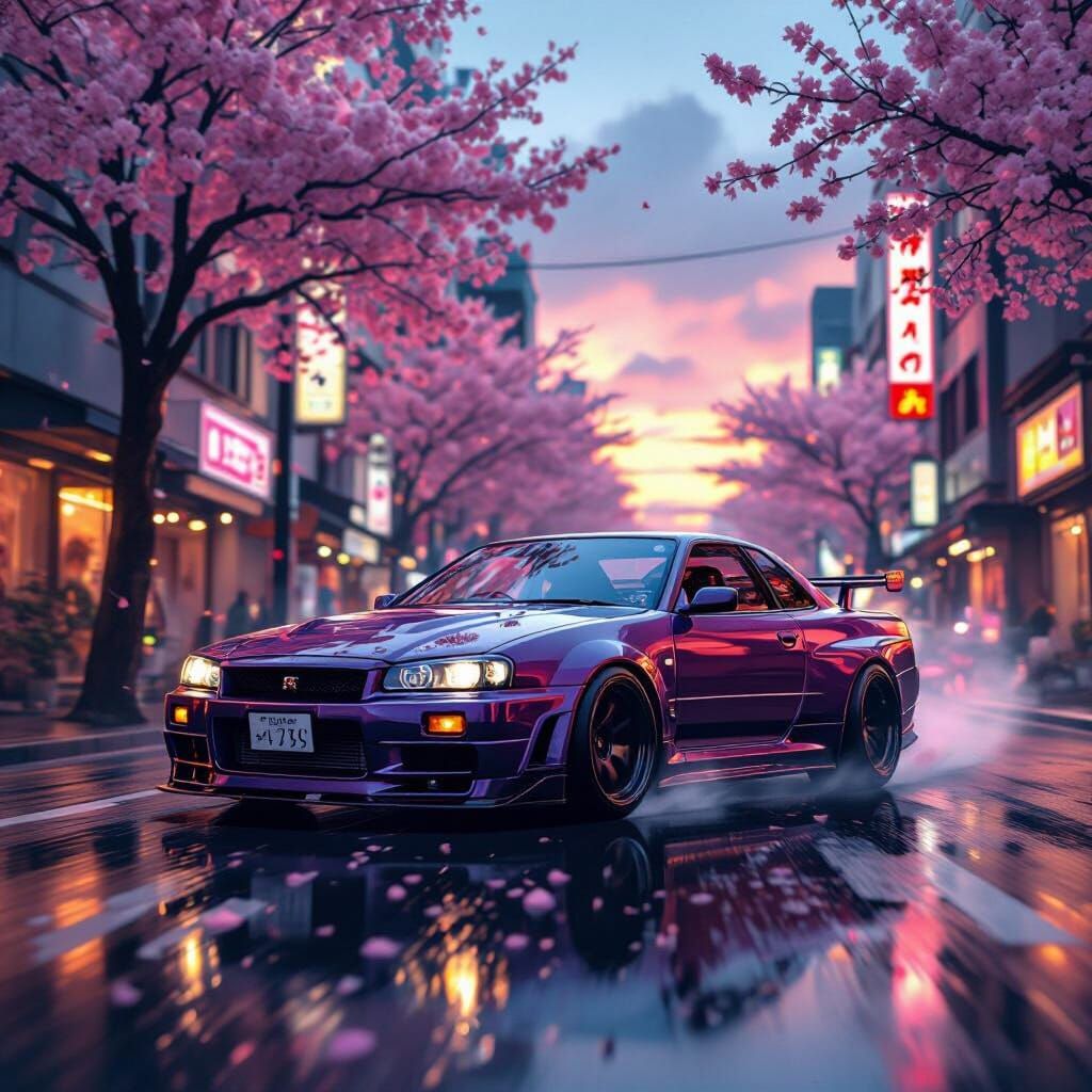Purple Nissan Skyline Drifting in Wet Tokyo at Sunset
