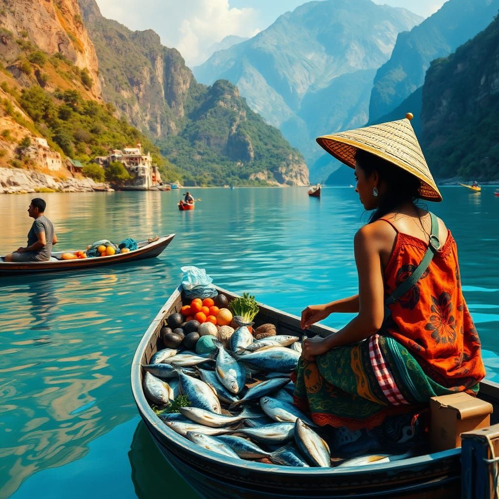 Hispanic Woman Selling Fish in Colorful Graffiti Art