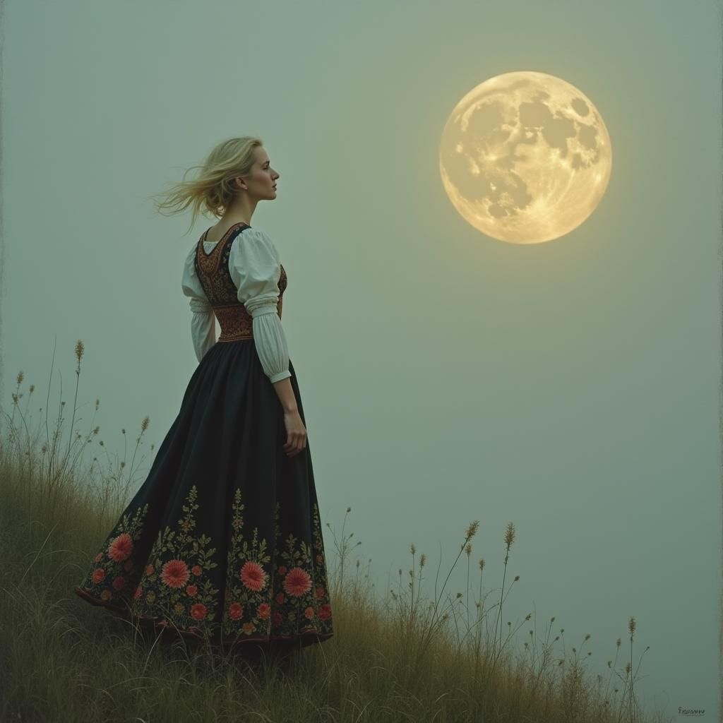 Woman in Polish Folk Costume Gazing at Moon