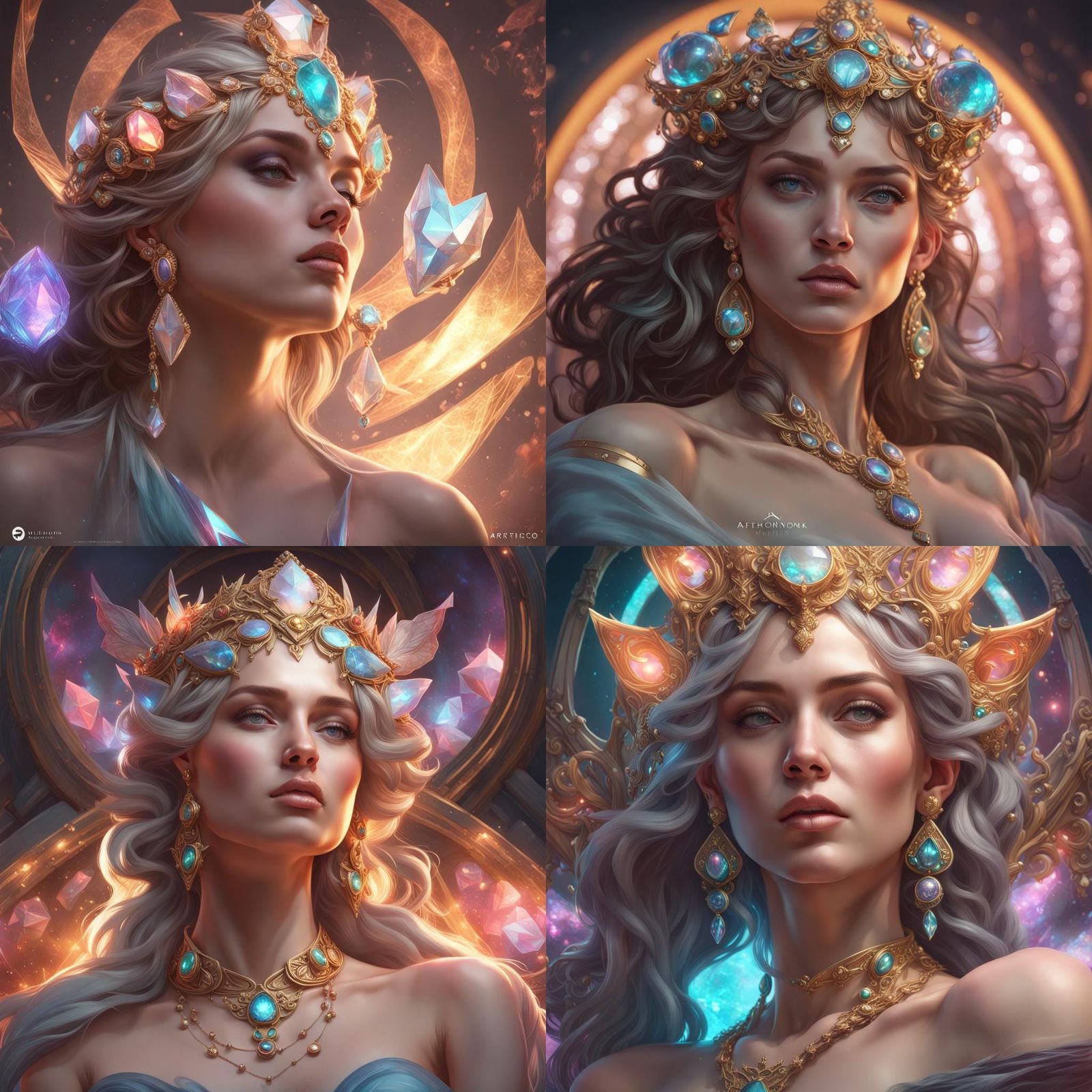 Cosmic Goddess Lounging with Gems: Hyperrealistic Portrait