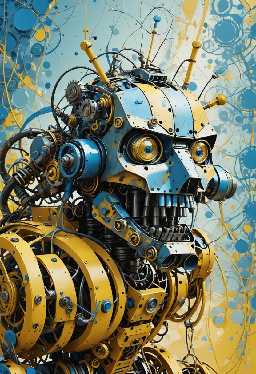 Kinetic Robot Sculpture in Yellow and Blue