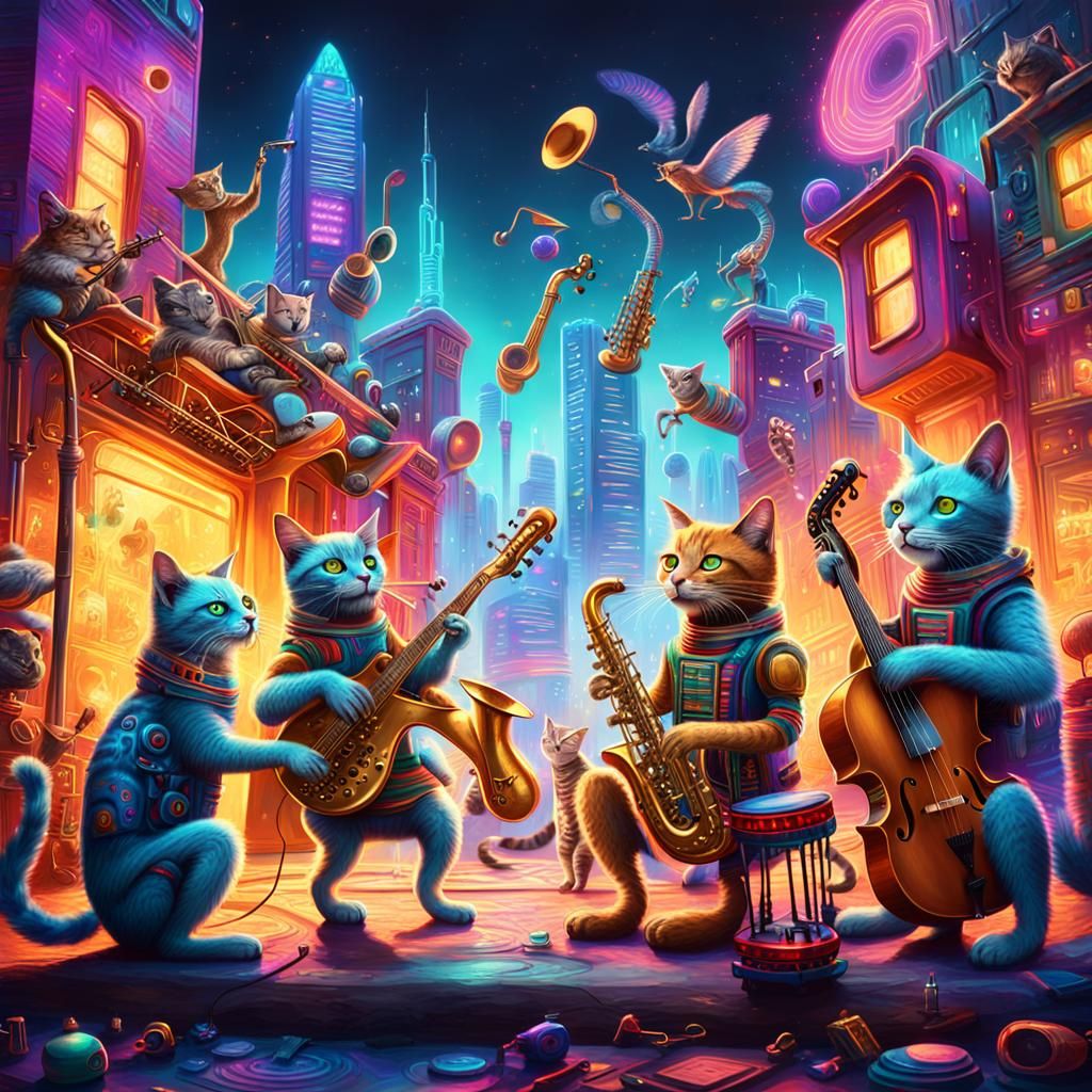 Vibrant Futuristic Cityscape with Animals and Robot Cats in...