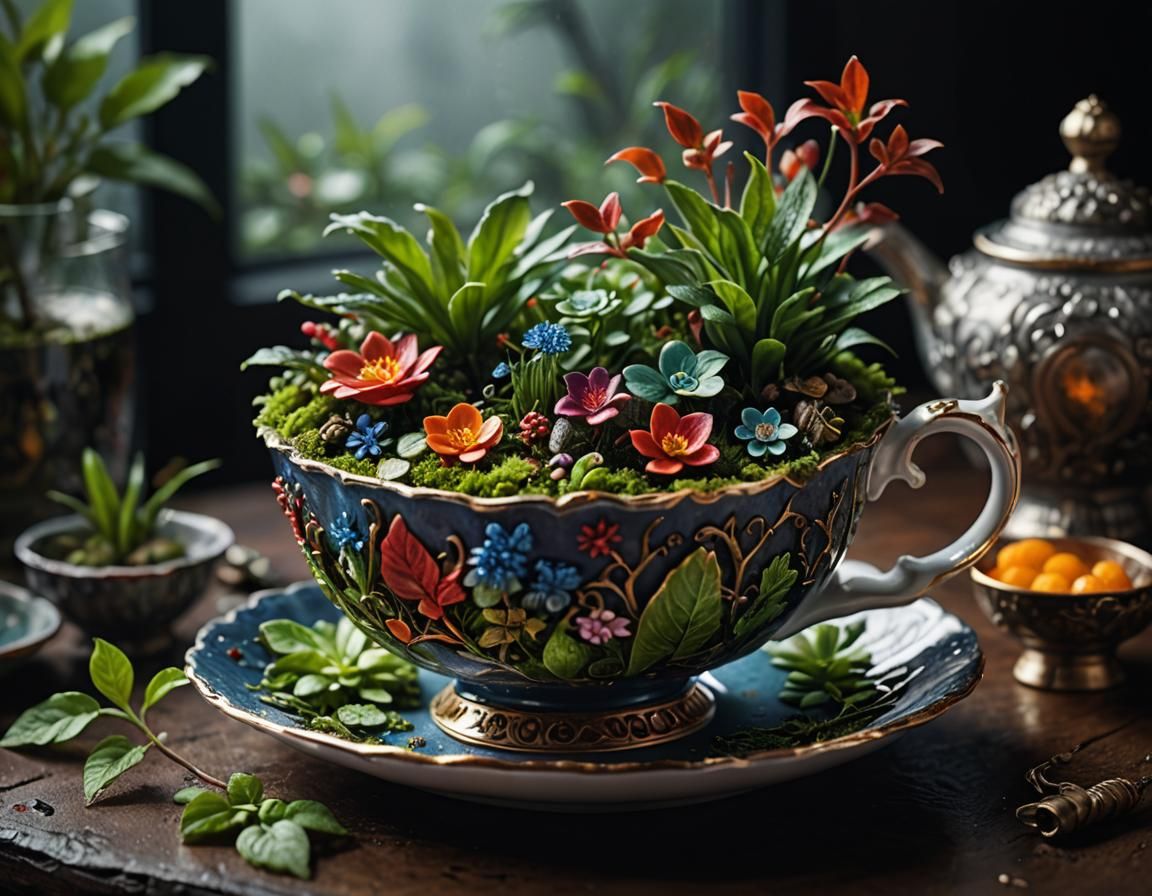Miniature Ecosystem Inside Teacup: Hyperrealistic Macro Stil...