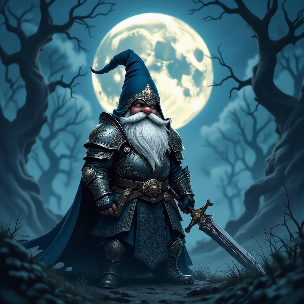 Gothic Gnome Knight in Dark Fantasy Forest