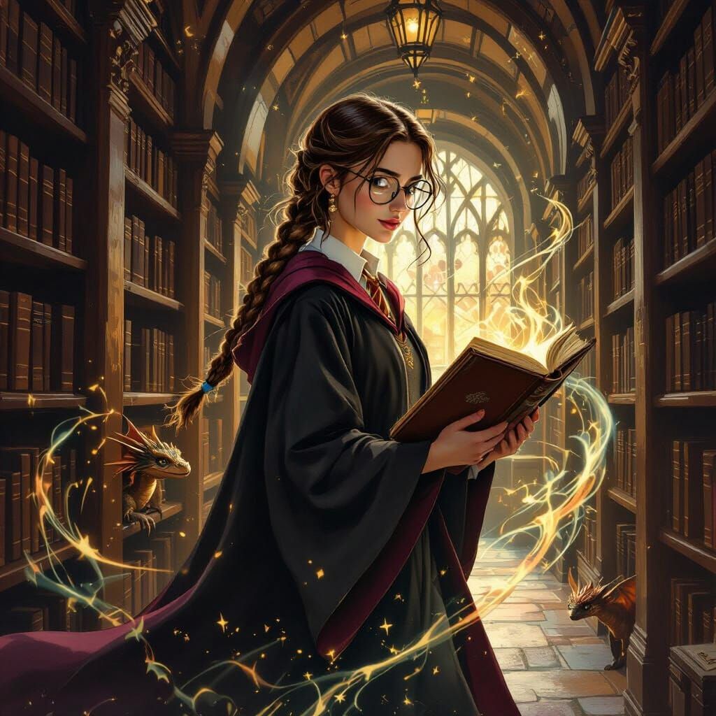 Magical Library Scene with Gryffindor Student