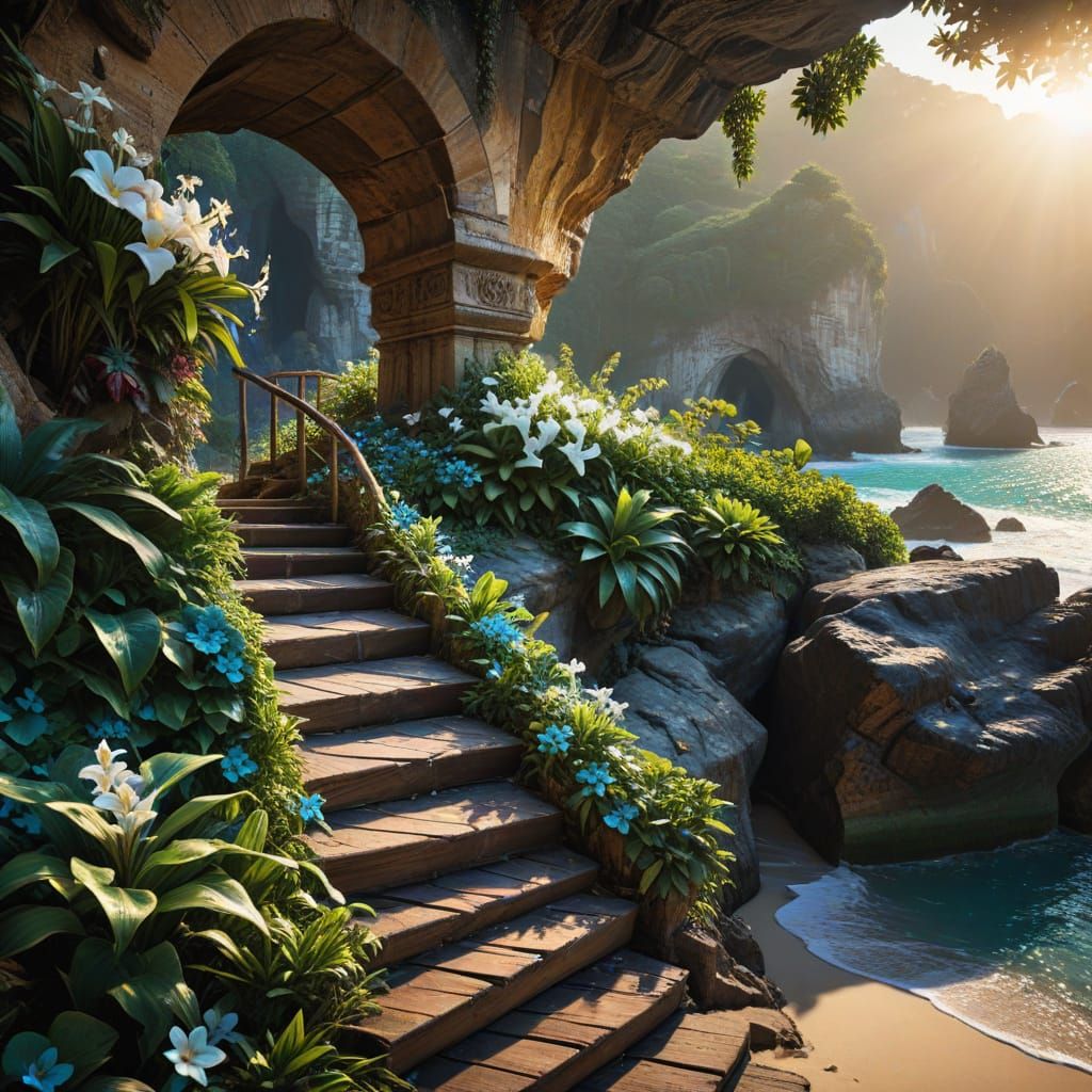 Cave Descent: Golden Hour Seascape in Fine Art Style