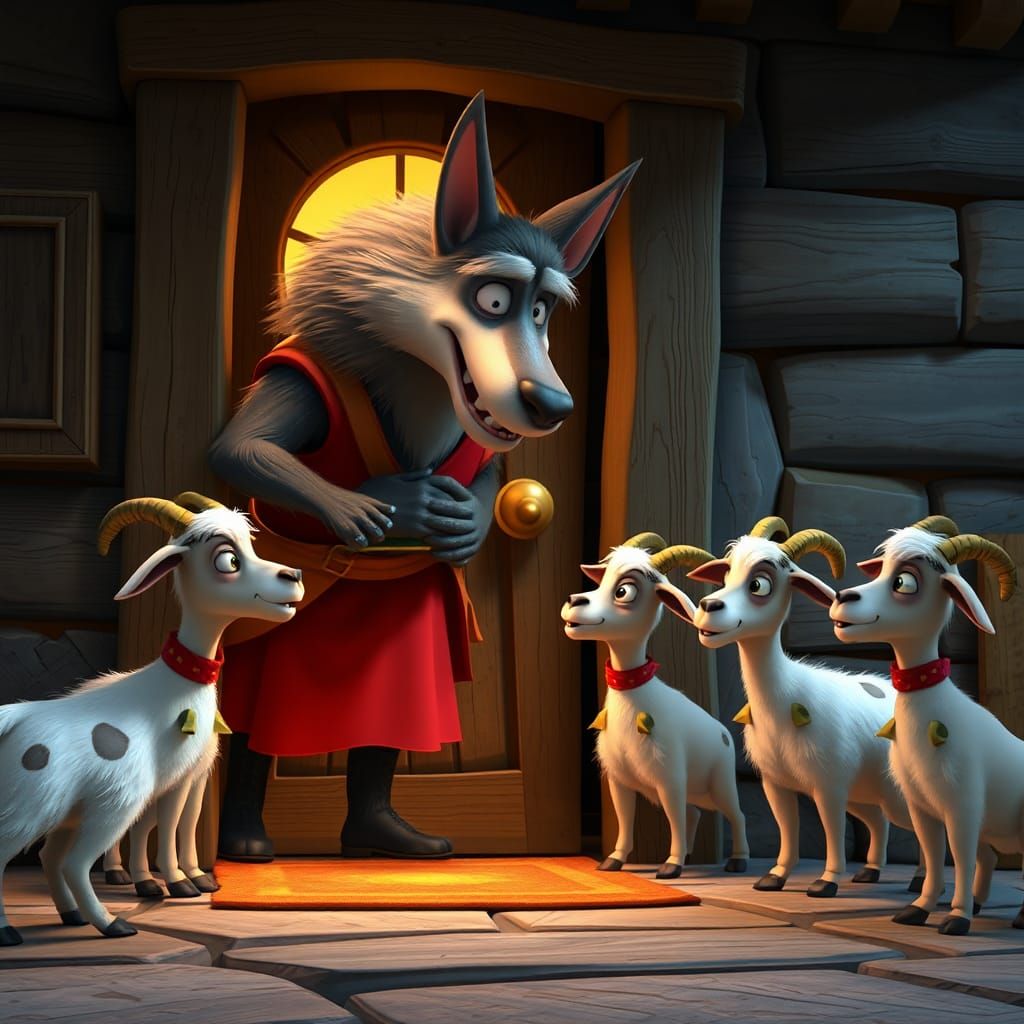 Big Wolf and Seven Goats in Pixar Style