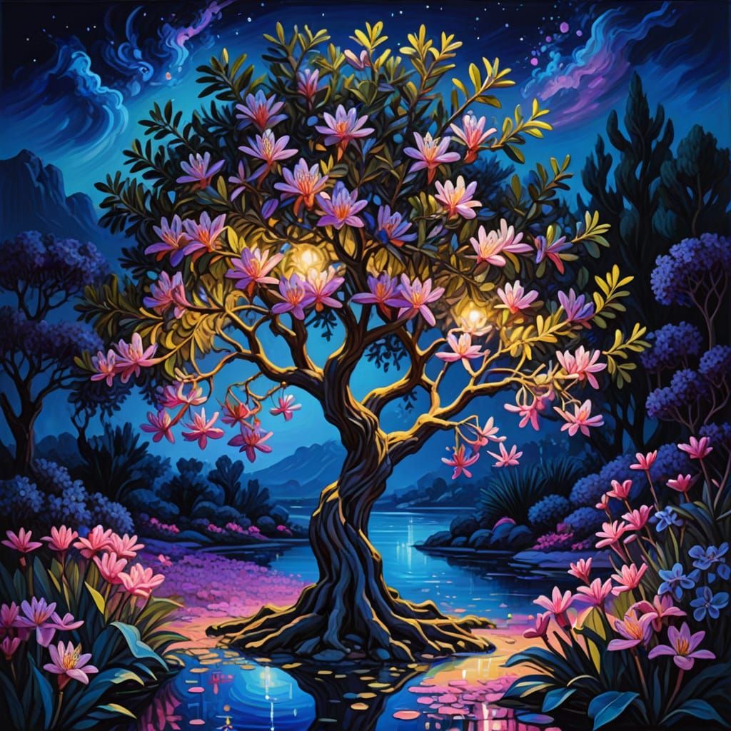 Enchanted Olive Tree in Luminous Garden at Night