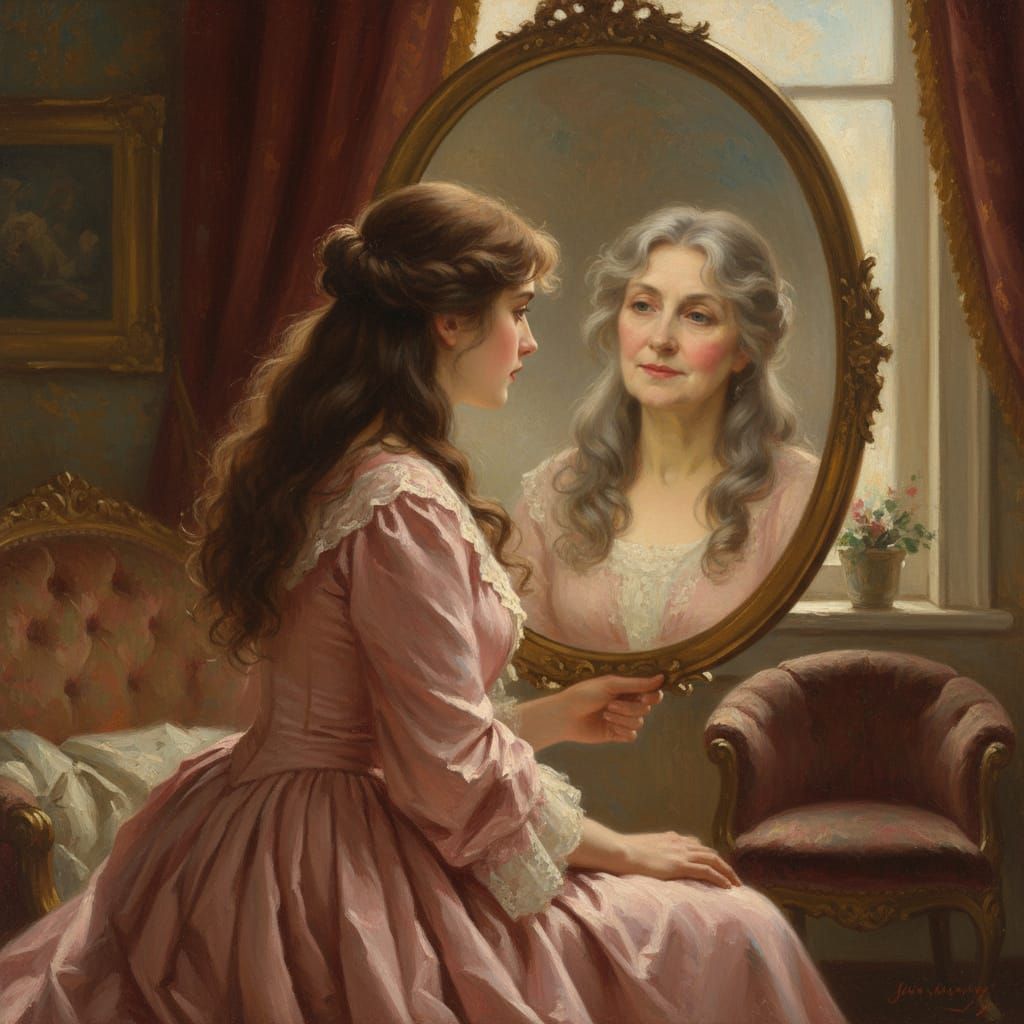 Young Woman Sees Older Self in Vintage Mirror Oil Painting
