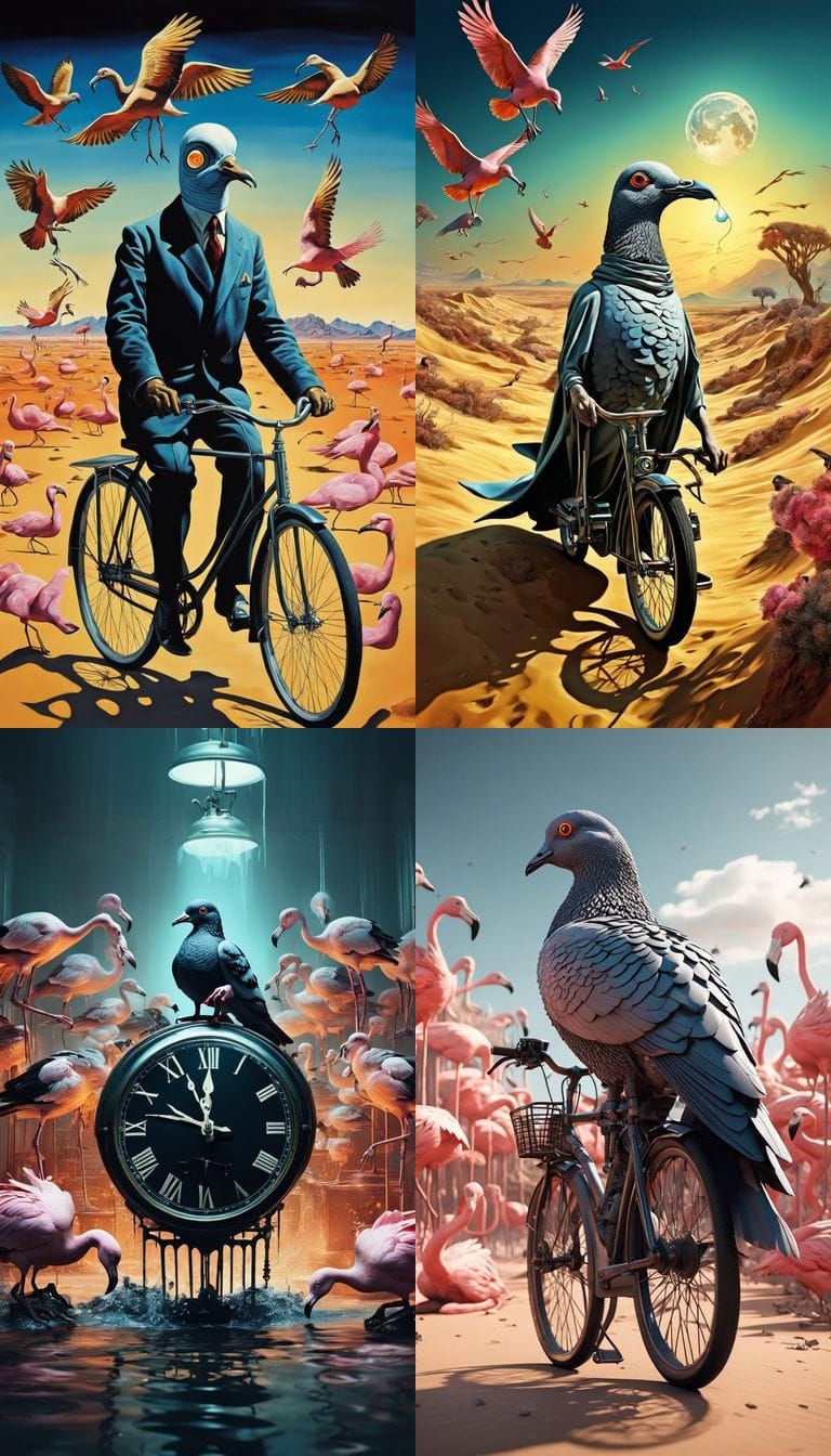 Humanoid Pigeon Rides Bone Bicycle Through Melting Clock Des...