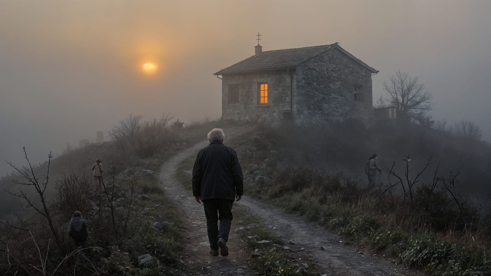 Man Ascends Foggy Path to Solitary Lit House