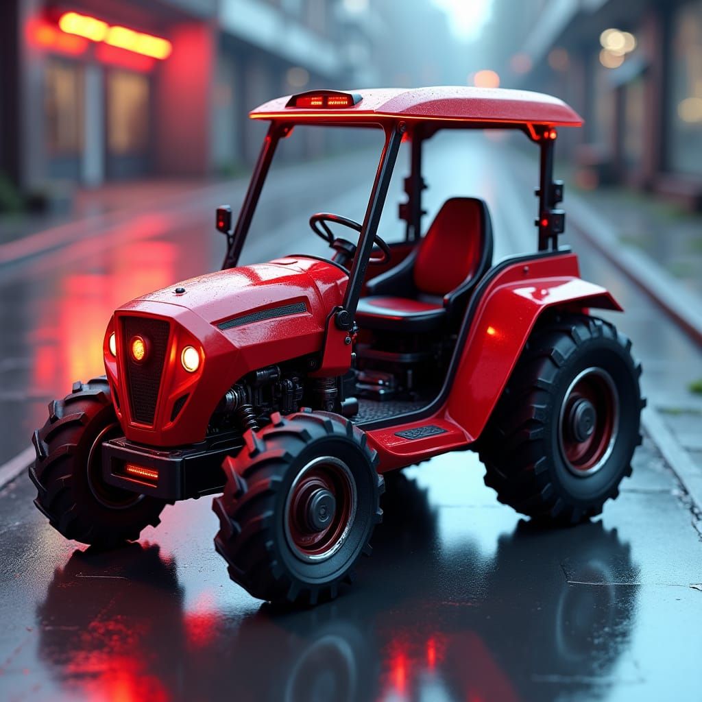 Futuristic Mini Tractor in Metallic Cyberpunk Landscape