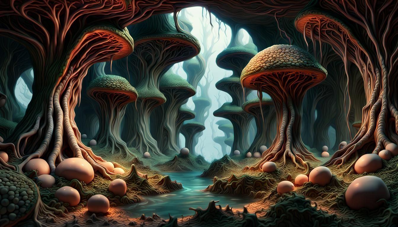 Fleshy Cavern with Alien Embryo Trees: Matte Painting