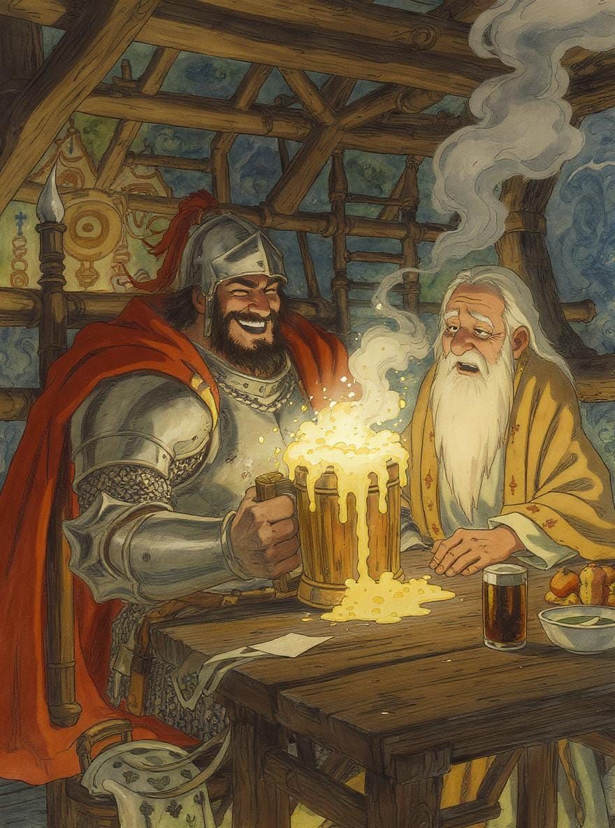 Knight and Cleric in Mystical Tavern Scene