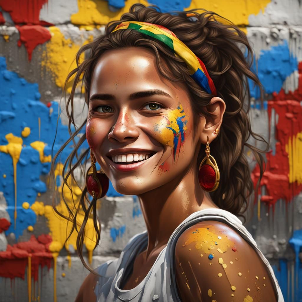 Smiling Colombiana in Vibrant Graffiti Art Style