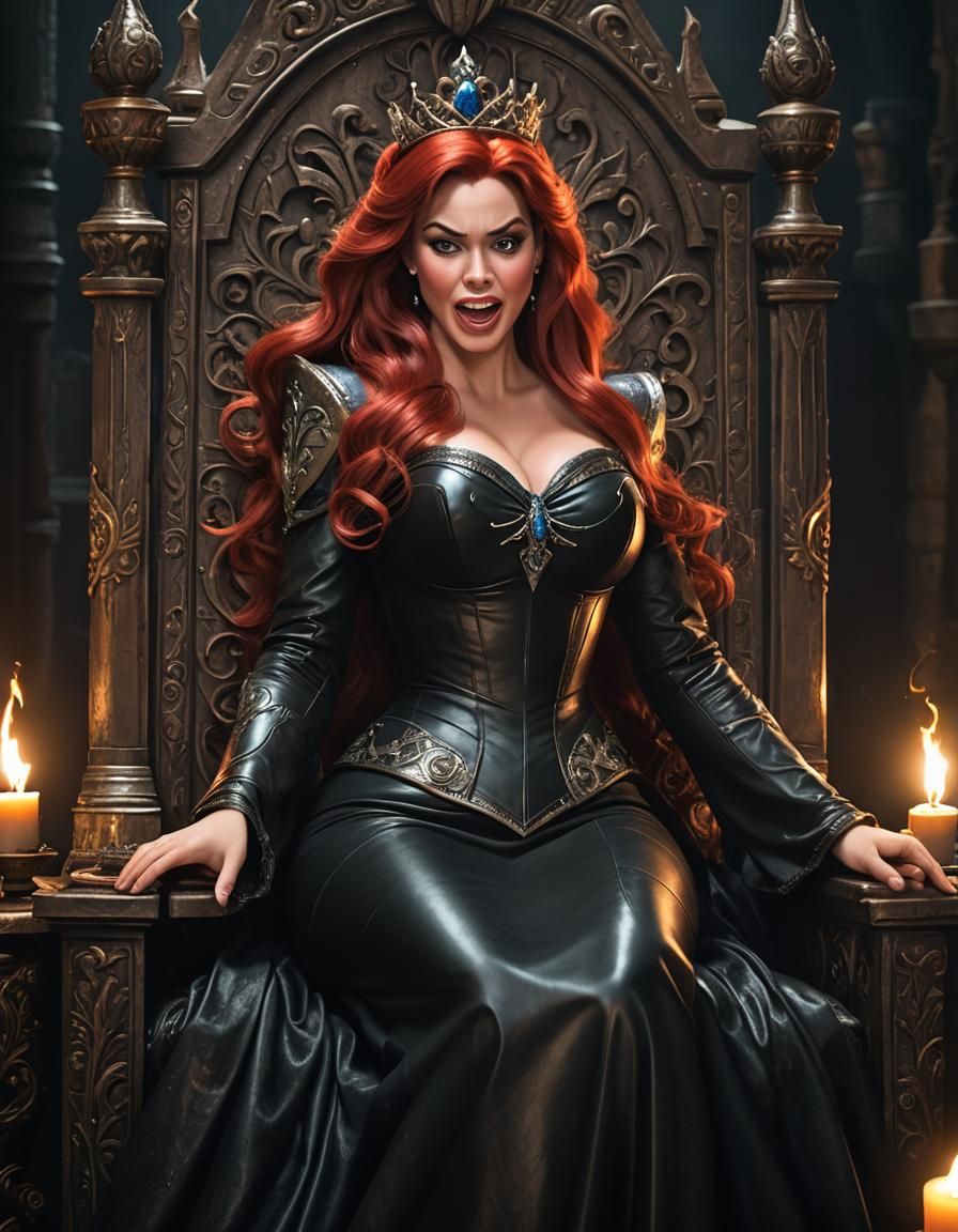 Angry Ariel Queen in Leather Dress on Throne