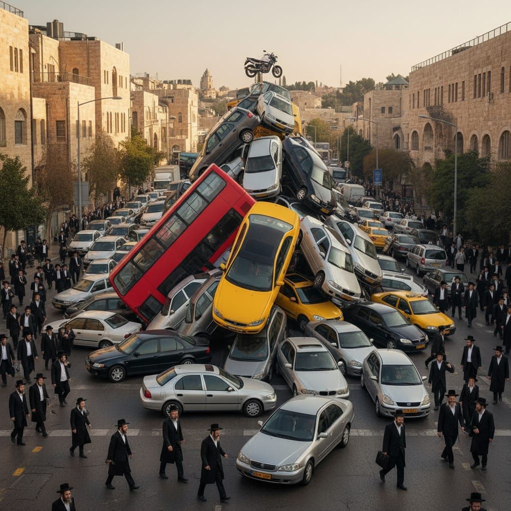 Jerusalem Traffic Chaos: Exaggerated Jam with Ultra-Orthodox...