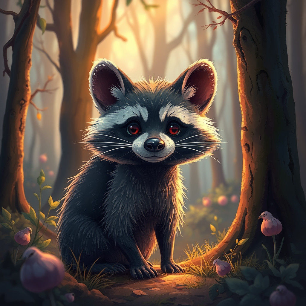 Raccoon Dog in Whimsical Forest: Anime-Inspired Illustration